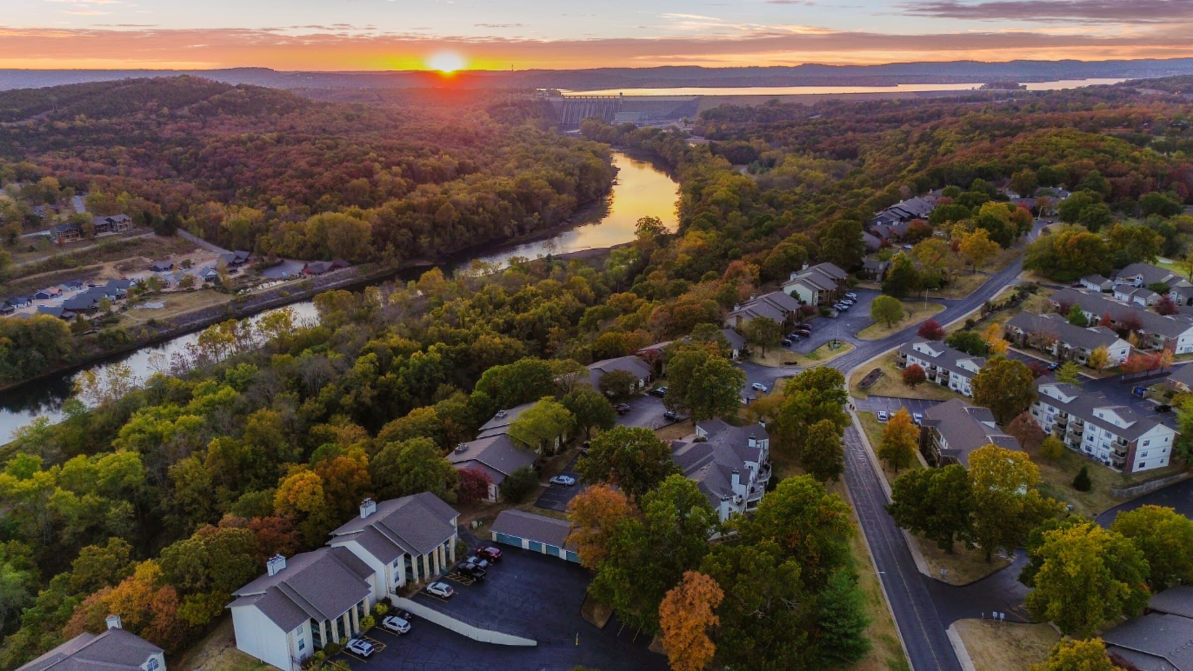 Aerial drone view of a Table Rock Lake sunset near Branson, Missouri