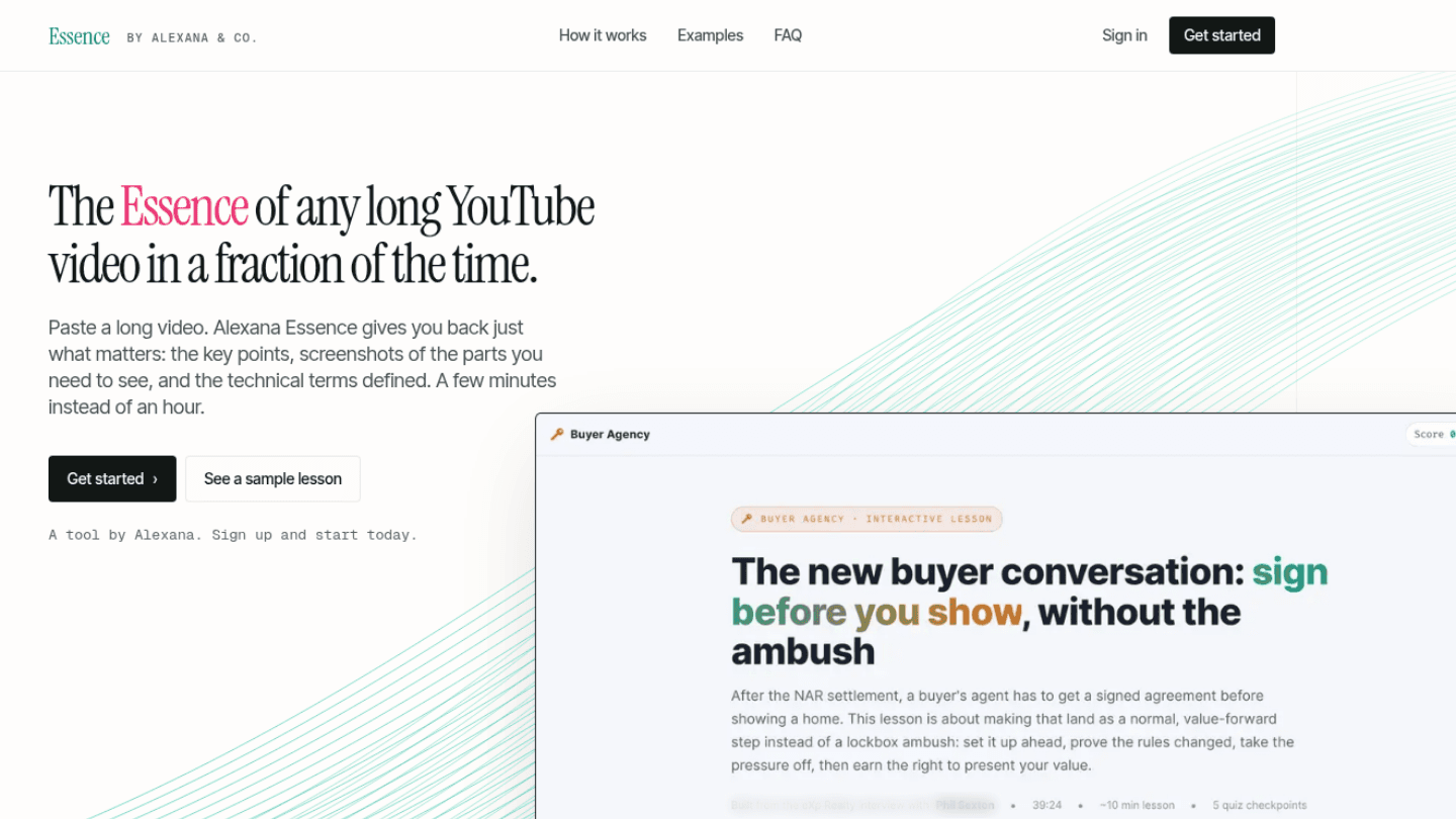 The Alexana Essence homepage with a sample interactive lesson open beside the headline