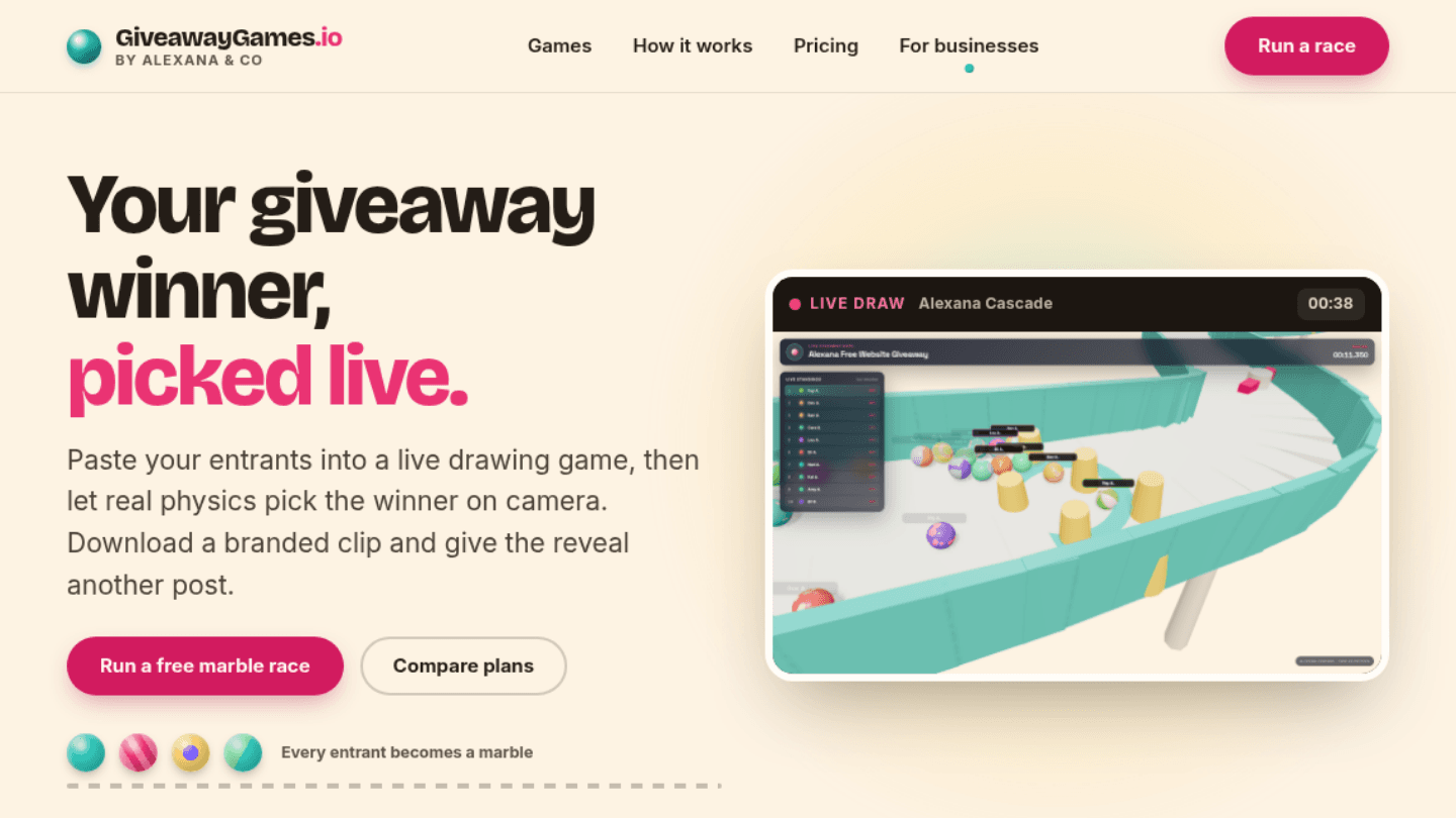 The Giveaway Games homepage with a live marble race running on a teal track