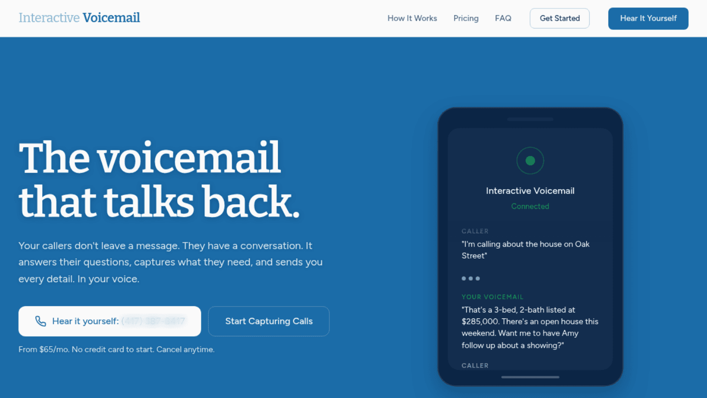 The Interactive Voicemail homepage, with a phone showing a caller asking about a listing