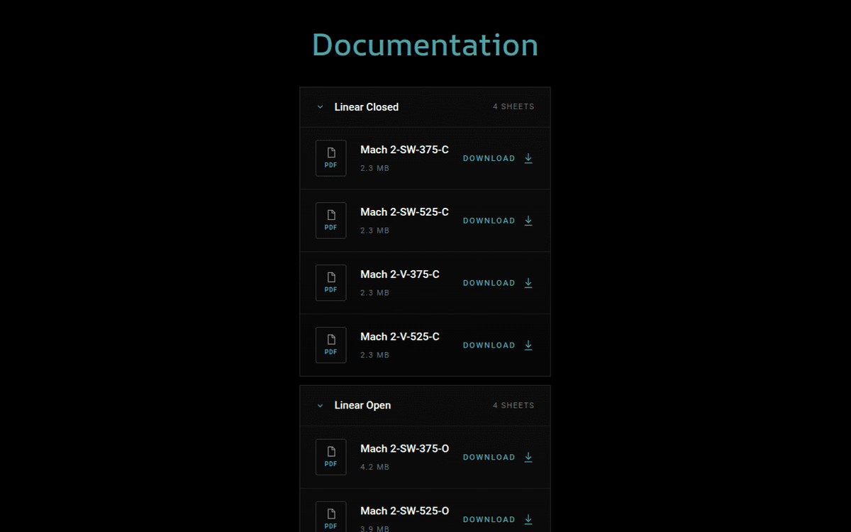 On-page Documentation section with one-click PDF data sheet downloads