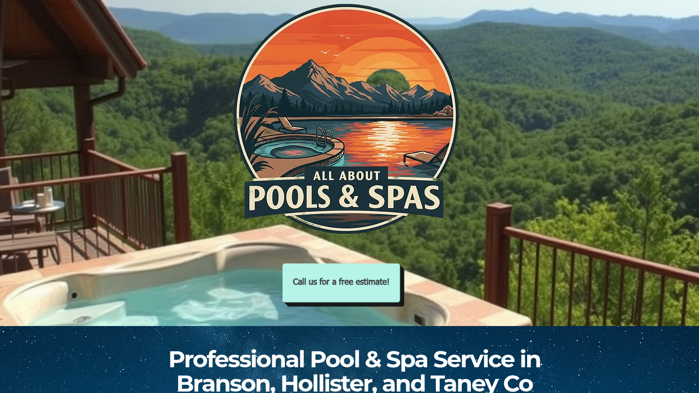 All About Pools and Spas homepage hero over an Ozarks deck and hot tub