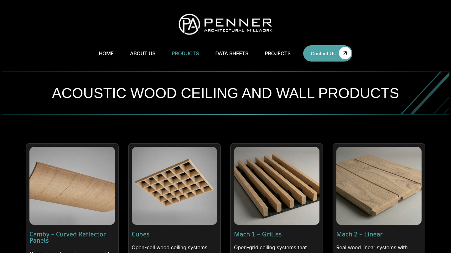 Penner Architectural products page showing the acoustic wood ceiling and wall catalog