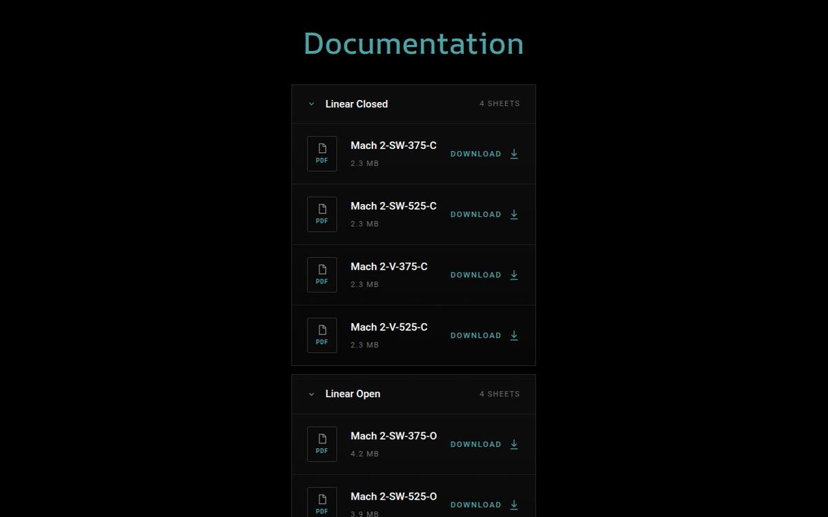 On-page Documentation section with one-click PDF data sheet downloads