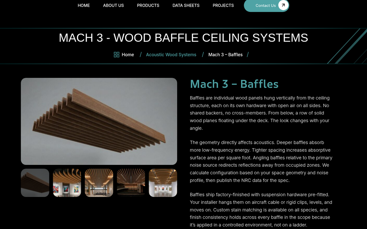 Mach 3 Baffles product page with copy and specifications