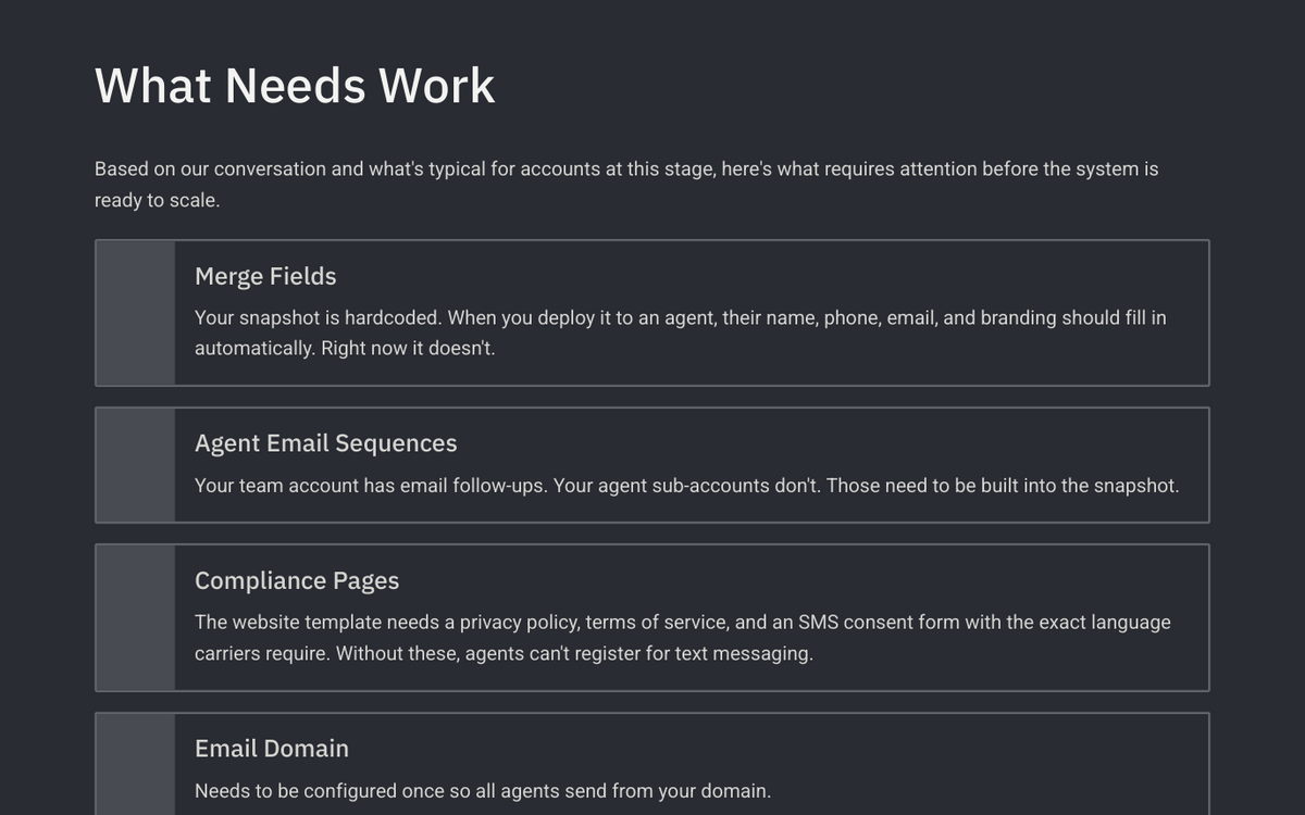 Build plan slide listing what needed work before the system could scale